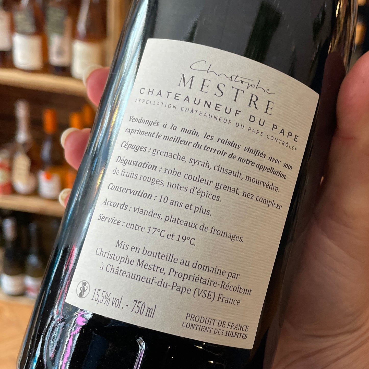 The back label of a bottle of Christophe Mestre Châteauneuf-du-Pape Rouge