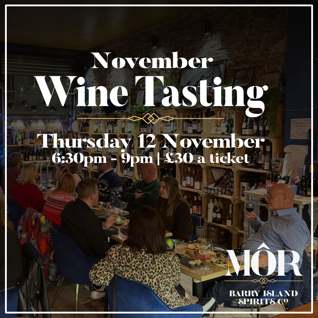 Promotional event graphic for a November wine tasting at Barry Island Spirits Co, showing a dimly lit bar interior with people seated at tables and large overlaid text reading 'November Wine Tasting' and 'Thursday 12 November 6:30pm - 9pm | £30 a ticket'.