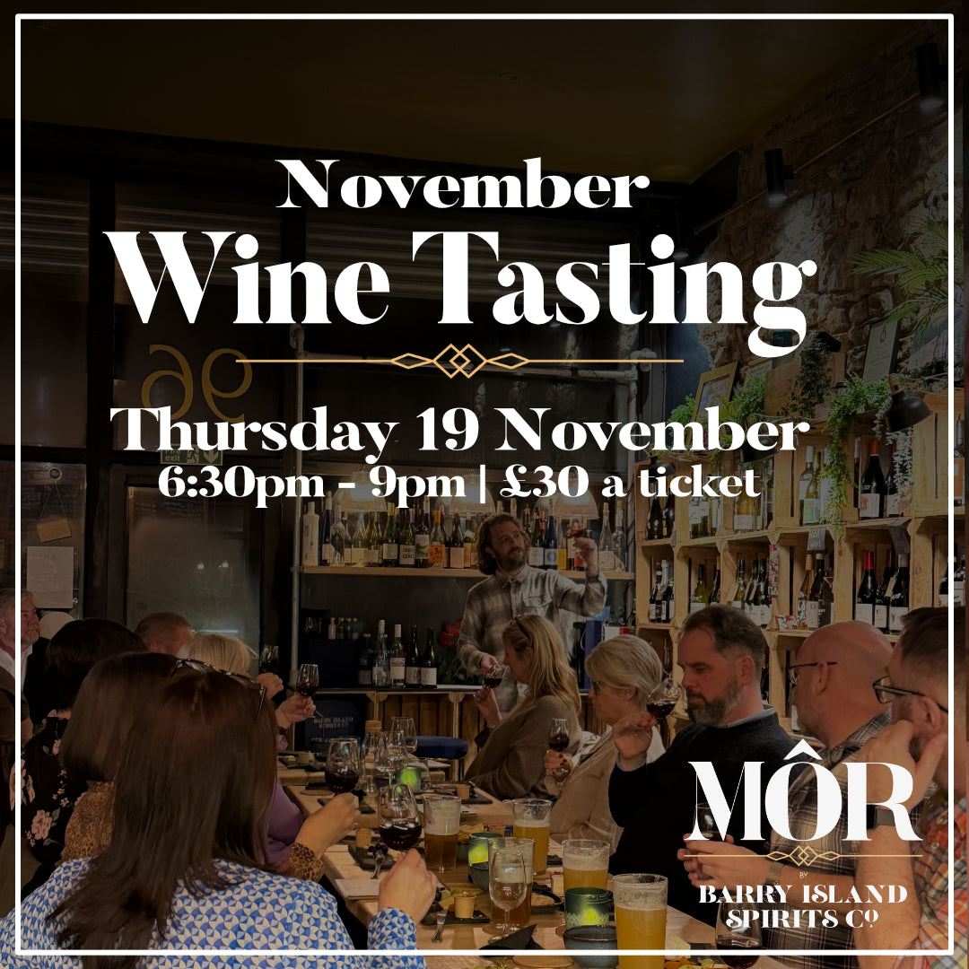 Promotional graphic for a November wine tasting event at MÔR (Barry Island Spirits Co), featuring a dimly lit bar scene with people drinking and tasting wine, overlaid with white text detailing the event date, time, and ticket price.