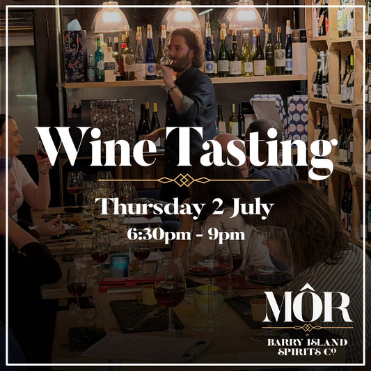 Wine tasting event at Mor in Barry with people enjoying wine in a bar setting. Wine Tasting event is Thursday 2 July 2026