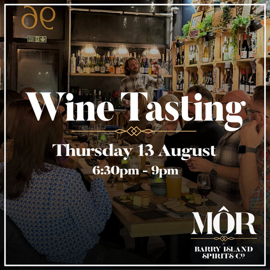 Promotional poster for a wine tasting event at Mor in Barry on Thursday 13 August with people sitting around a table drinking wine and eating cheese.